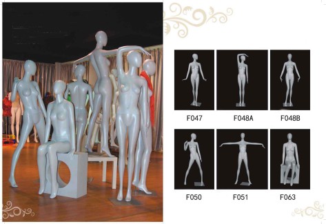 Female boutique mannequins 3 F047 F048 F048 F050 F051 F063 6 styles of female boutique mannequins with pearl silver color,egg head Material: Fiber glass European size Color: pearl filver Accessories: stainless steel square base, foot support and calf support Package: export hard carton,pearl cotton(EPE) and filling fabric Package volume: 0.16CBM Volume of a container: 20ft 29CBM; 40ft 56CBM; 40HQ 64CBM Place of origin: China