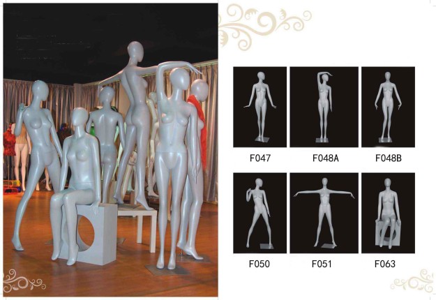 Female boutique mannequins 3 F047 F048 F048 F050 F051 F063 6 styles of female boutique mannequins with pearl silver color,egg head Material: Fiber glass European size Color: pearl filver Accessories: stainless steel square base, foot support and calf support Package: export hard carton,pearl cotton(EPE) and filling fabric Package volume: 0.16CBM Volume of a container: 20ft 29CBM; 40ft 56CBM; 40HQ 64CBM Place of origin: China